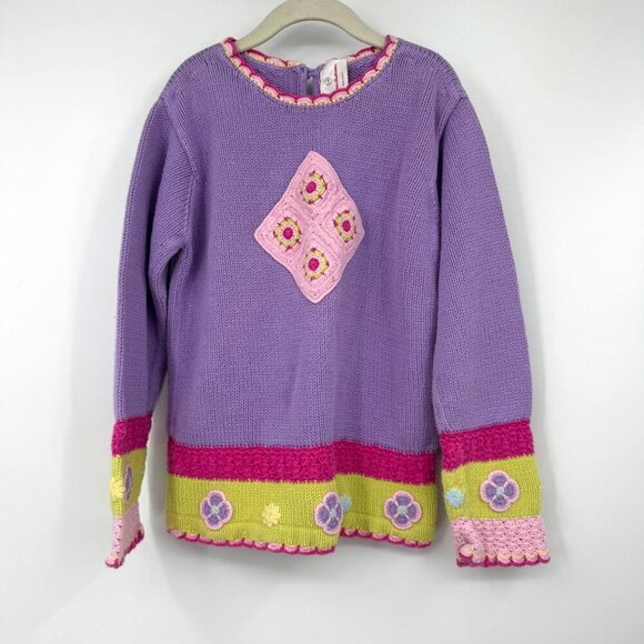 Hanna Andersson Spring Sweater 140 US 10 Purple Pink Crochet Flowers Scallops bo - Picture 1 of 9